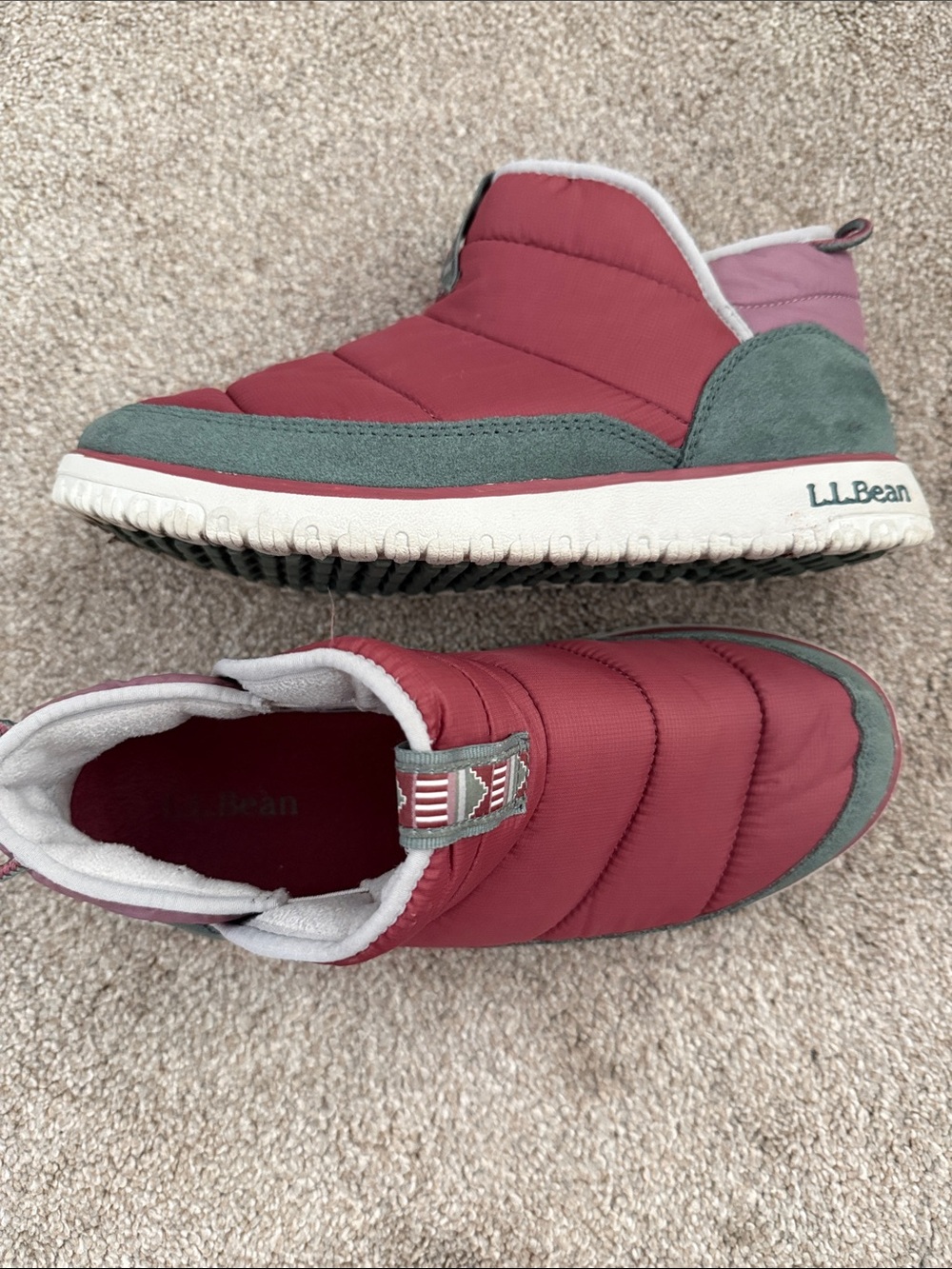 L.L. Bean Quilted Slip-On Winter Shoes in Burgundy, Green and Pink